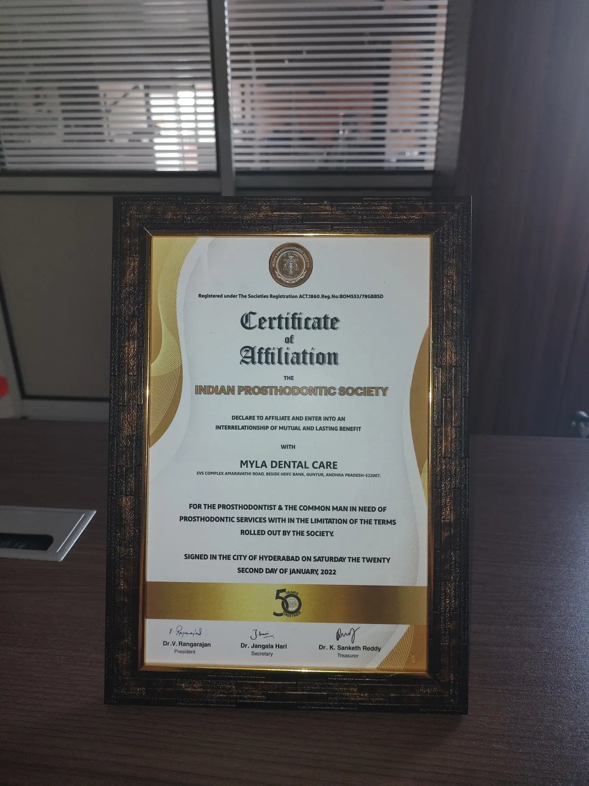 Dr. Ramakrishna Myla Indian Prosthodontic Society Life Member Certificate Guntur