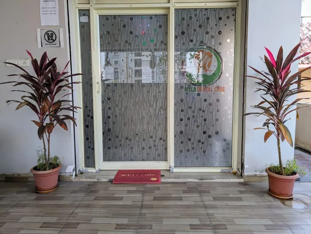 Clinic entrance glass doors flanked by potted plants at Myla Dental Care Amaravathi Road